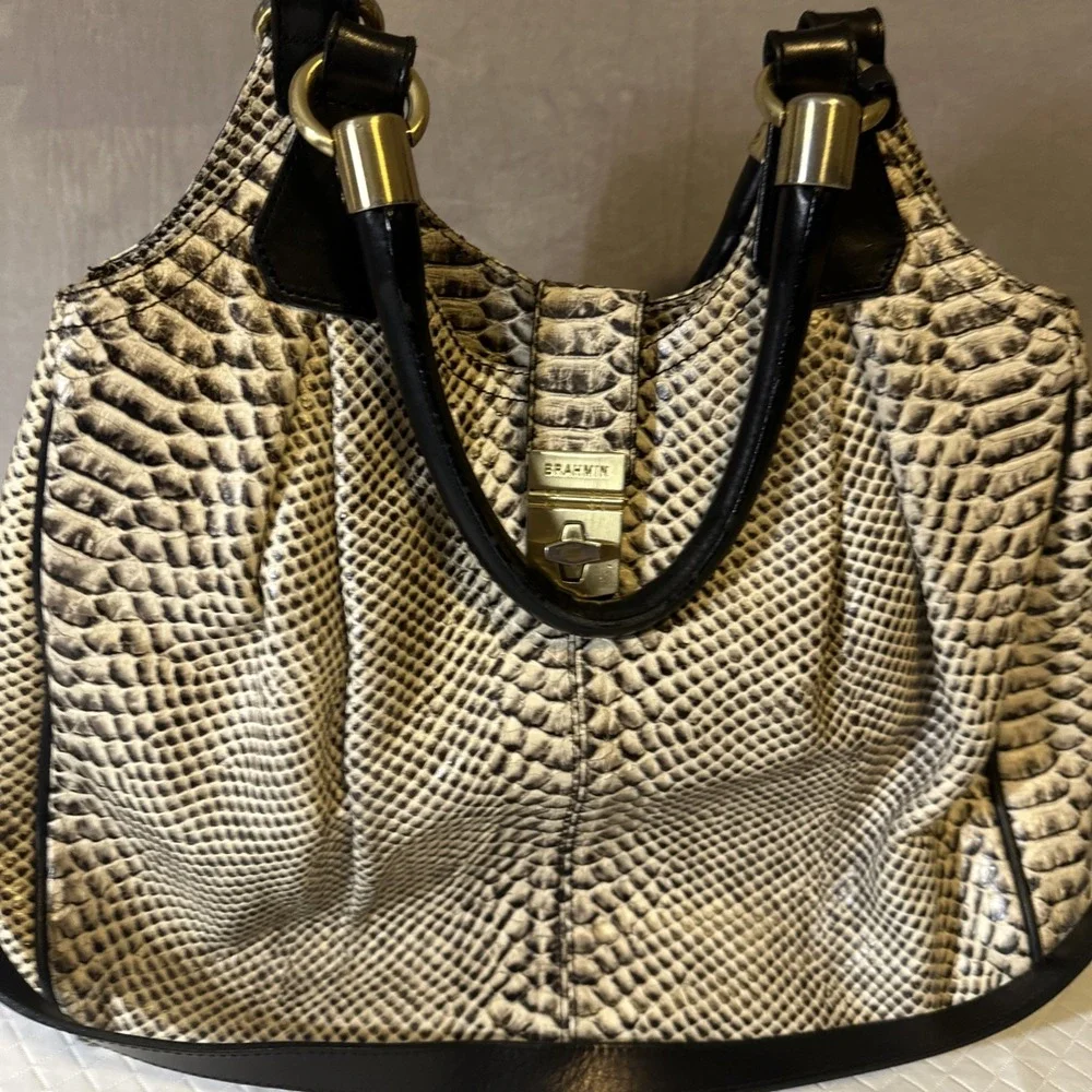 Brahmin Large Elisa Hobo Bag Black/White Snake Embossed Leather Shoulder Purse